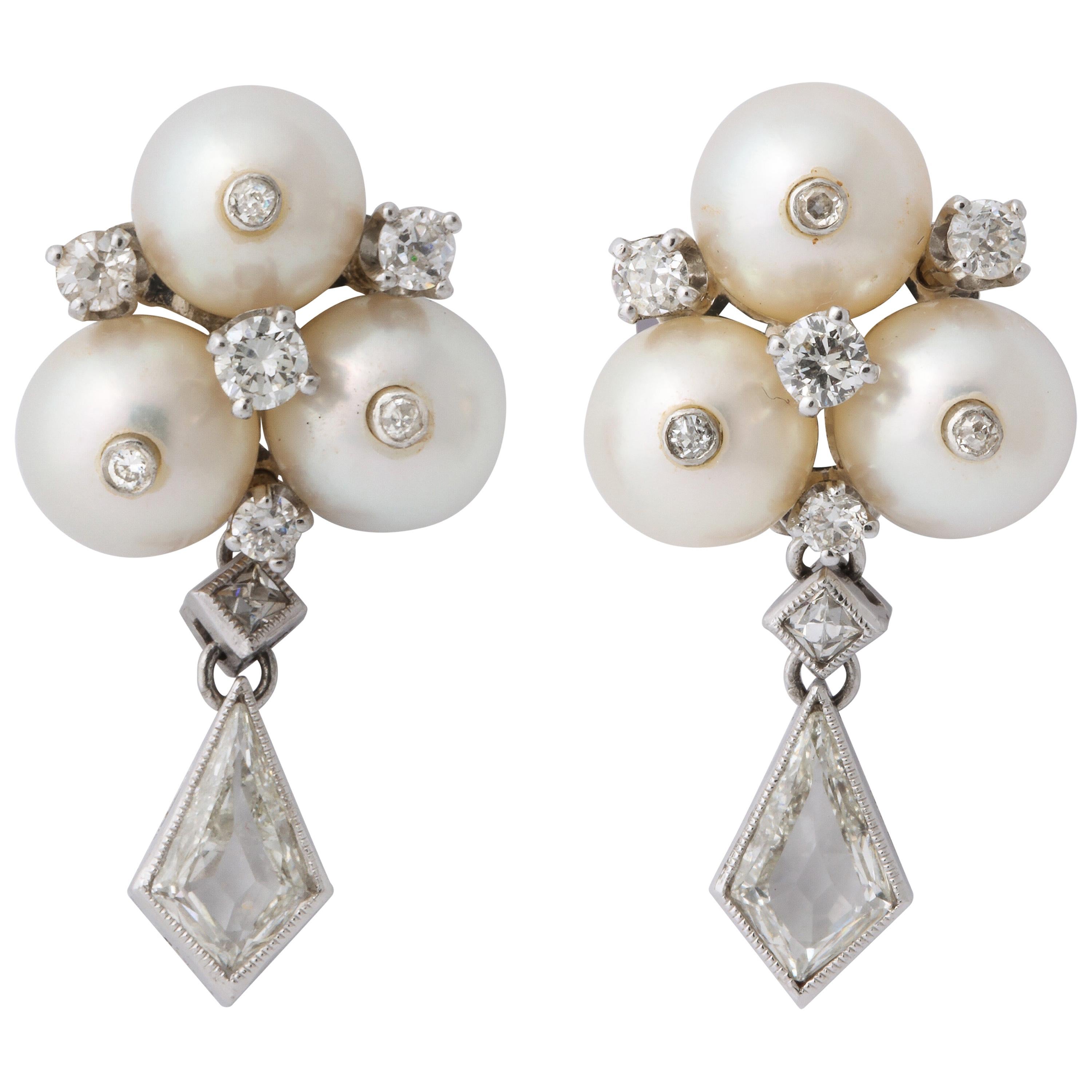 Vintage Gold Pearl and Kite Cut Diamond Earrings
