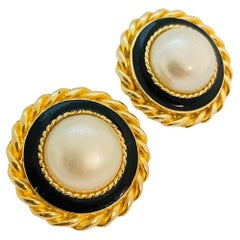 Vintage gold pearl black enamel rope earrings