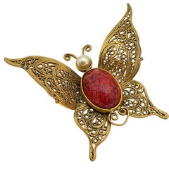 Vintage gold pearl coral butterfly designer brooch
