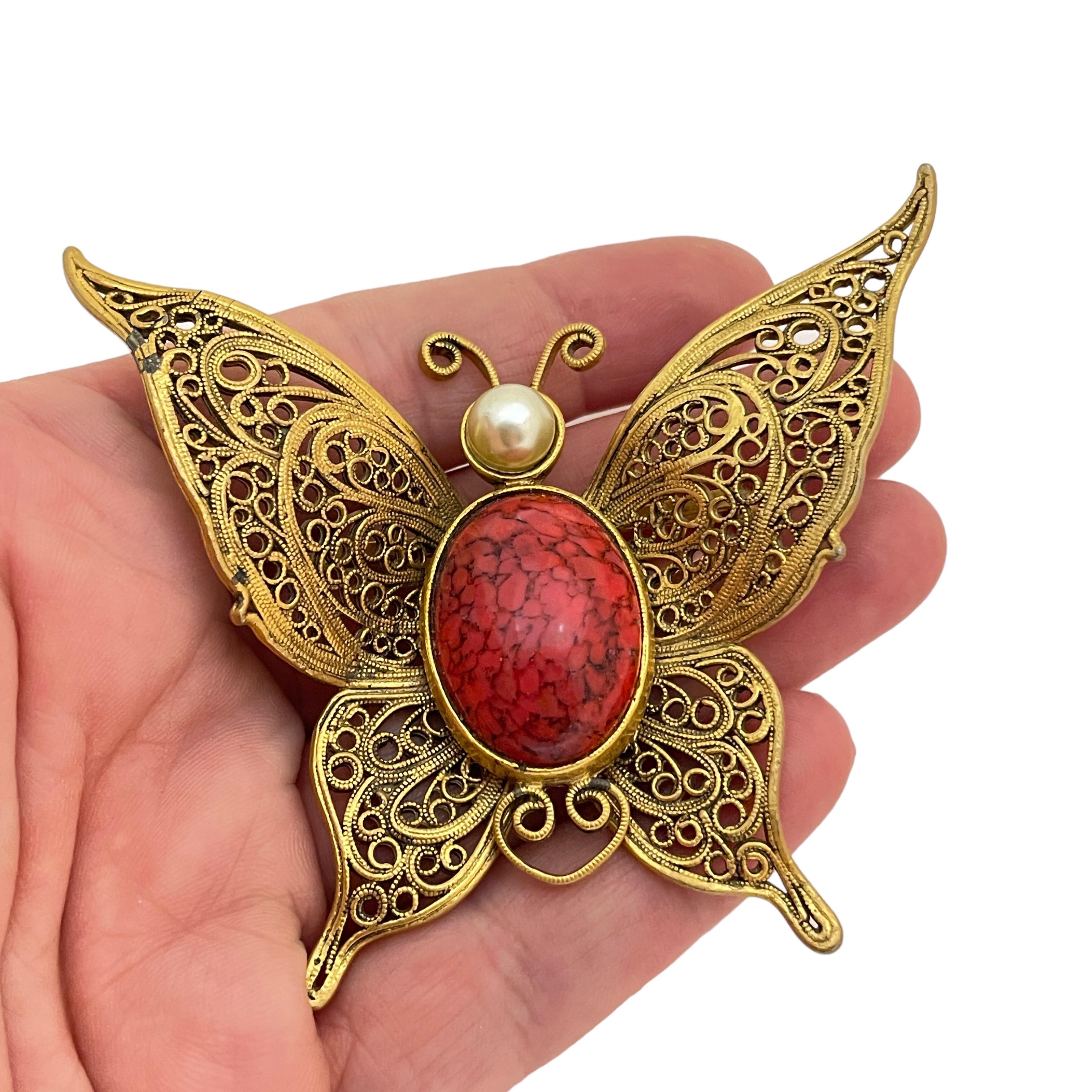 Women's Vintage gold pearl coral butterfly designer brooch For Sale