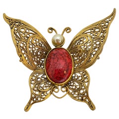 Vintage gold pearl coral butterfly designer brooch