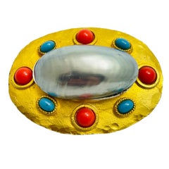Vintage gold pearl coral turquoise etruscan byzantine designer brooch