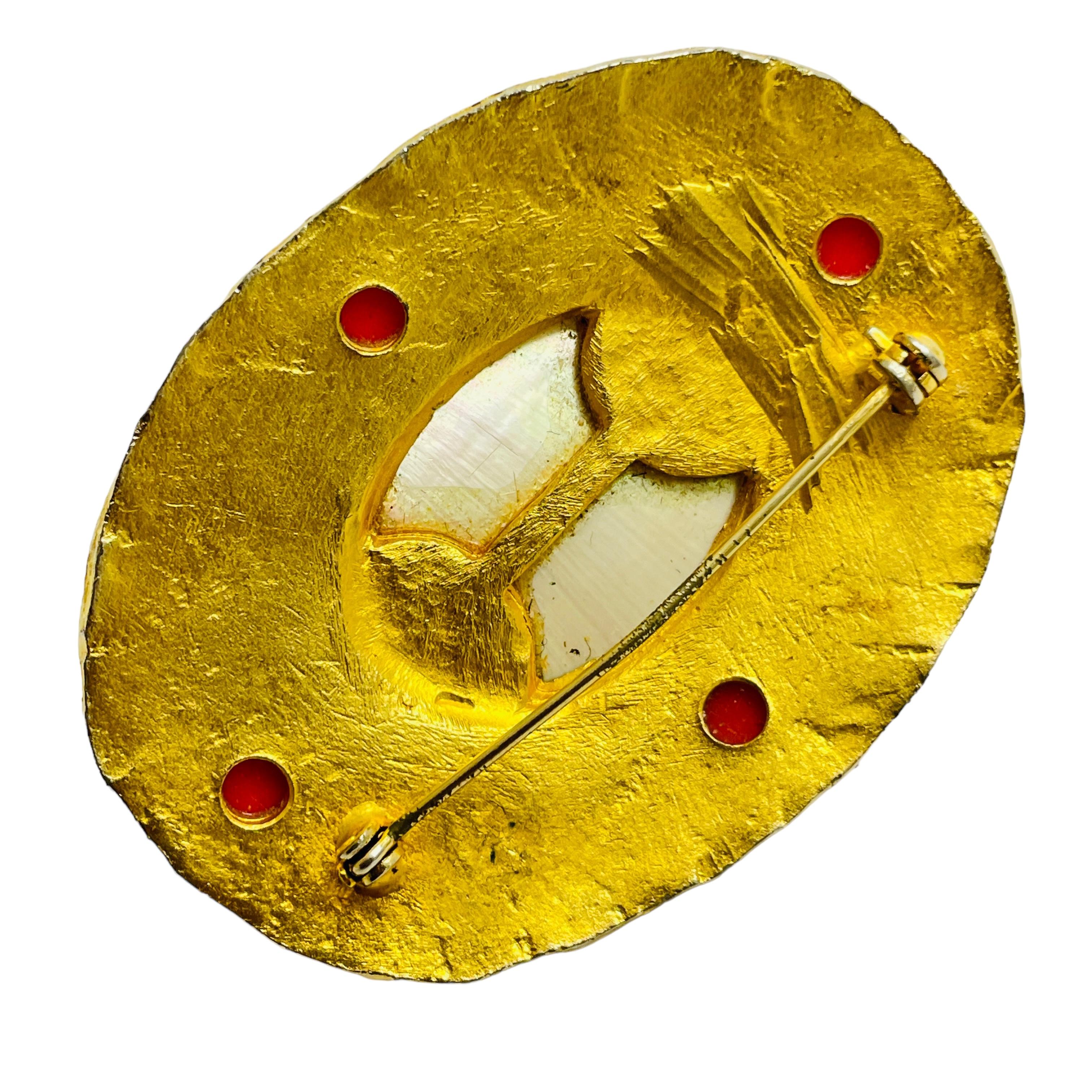 Vintage gold pearl coral turquoise etruscan byzantine designer brooch In Good Condition For Sale In Palos Hills, IL