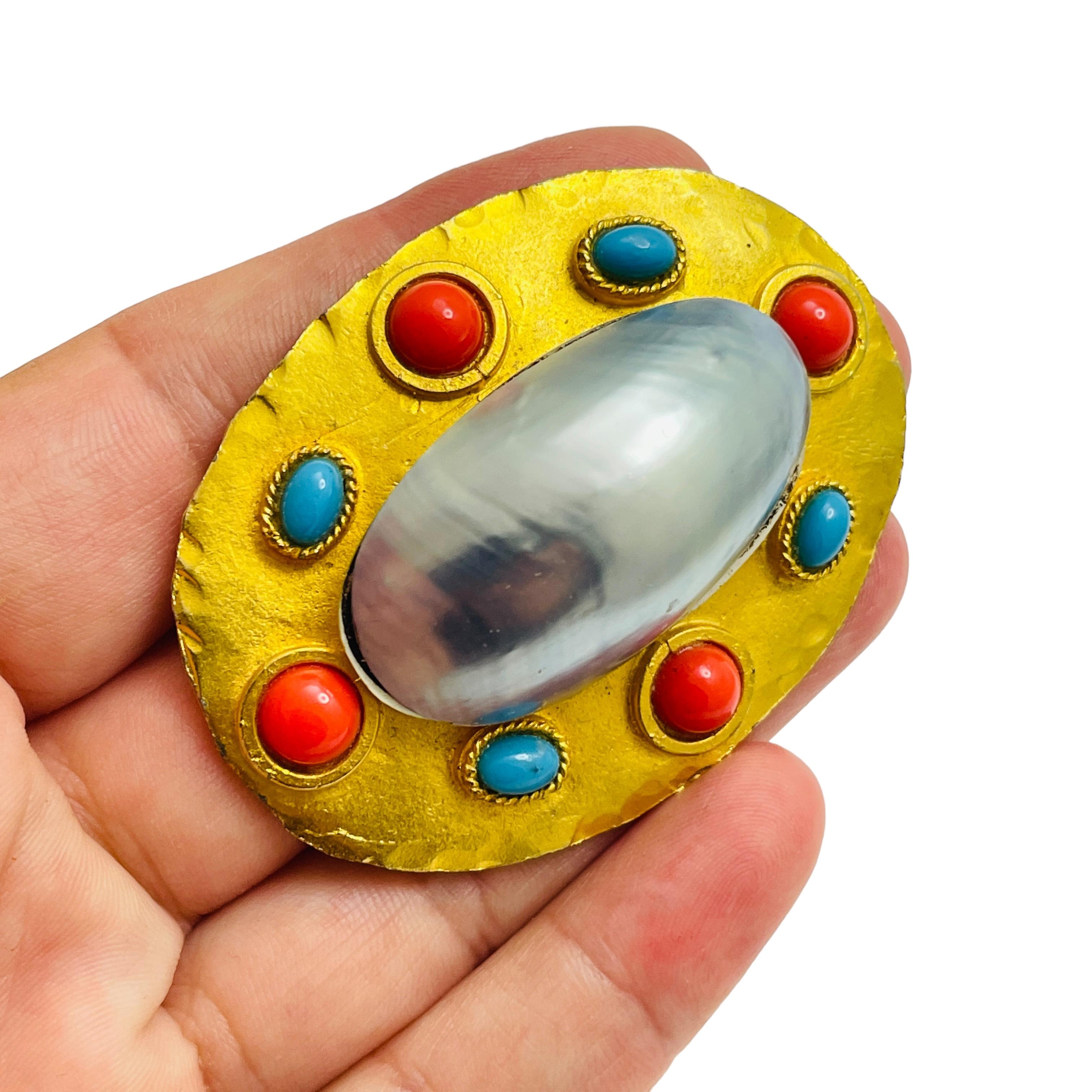 Women's Vintage gold pearl coral turquoise etruscan byzantine designer brooch For Sale