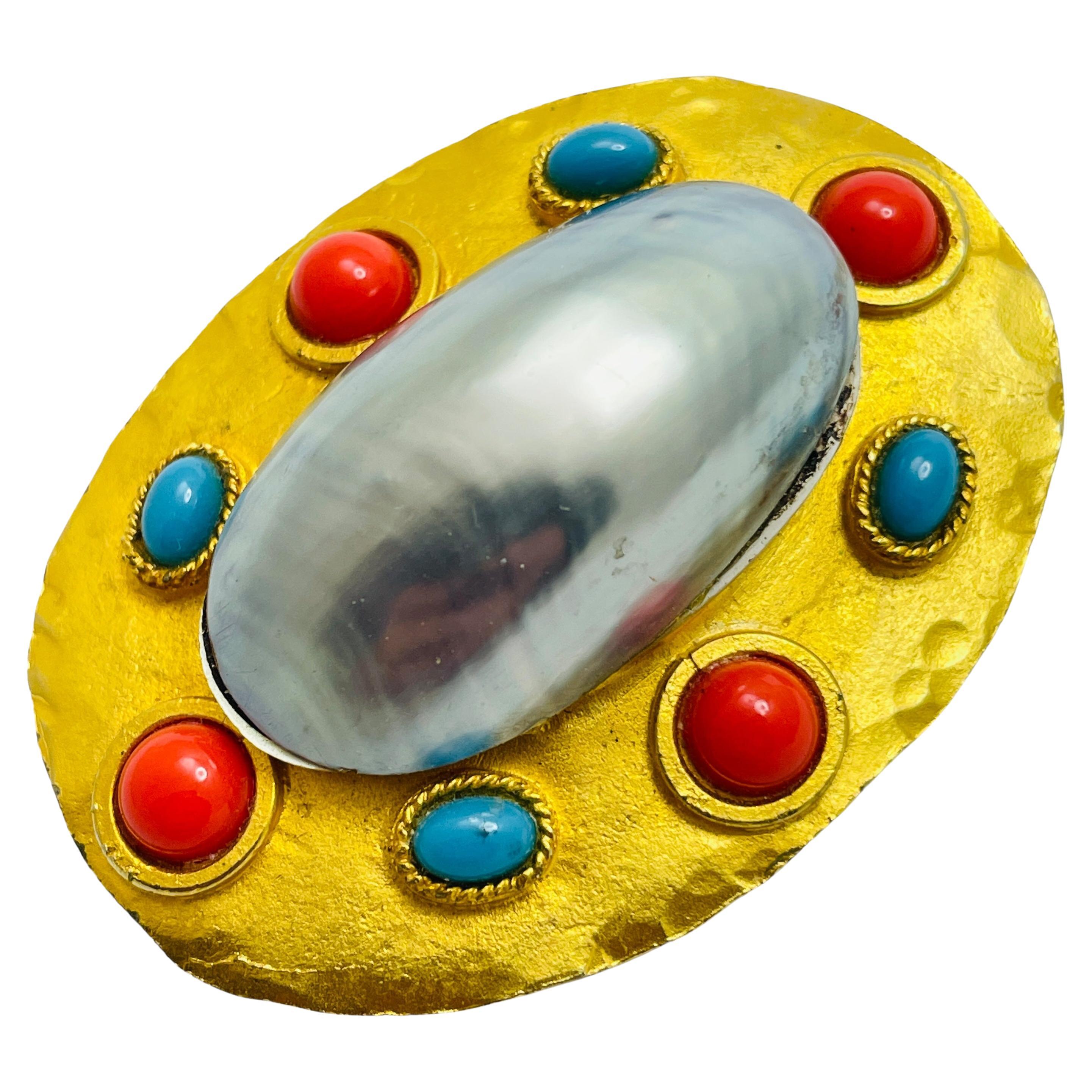 Vintage gold pearl coral turquoise etruscan byzantine designer brooch For Sale