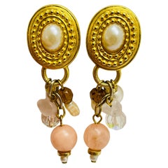 Vintage gold pearl dangle beads etruscan style clip on earrings