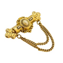 Vintage gold pearl dangle chain designer runway brooch