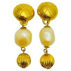 Vintage gold pearl dangle designer clip on earrings