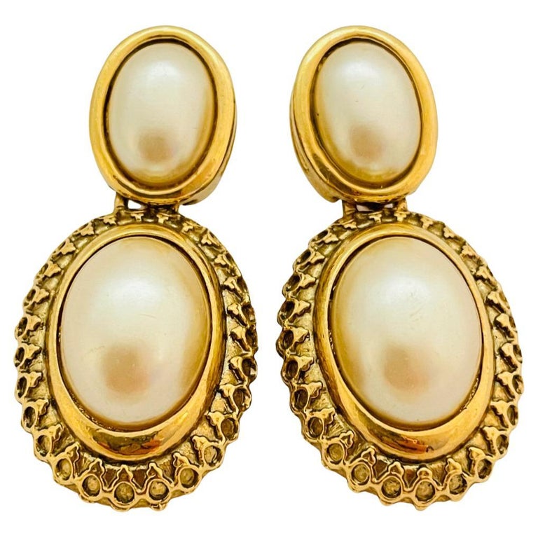Vintage gold pearl dangle designer earrings For Sale at 1stDibs