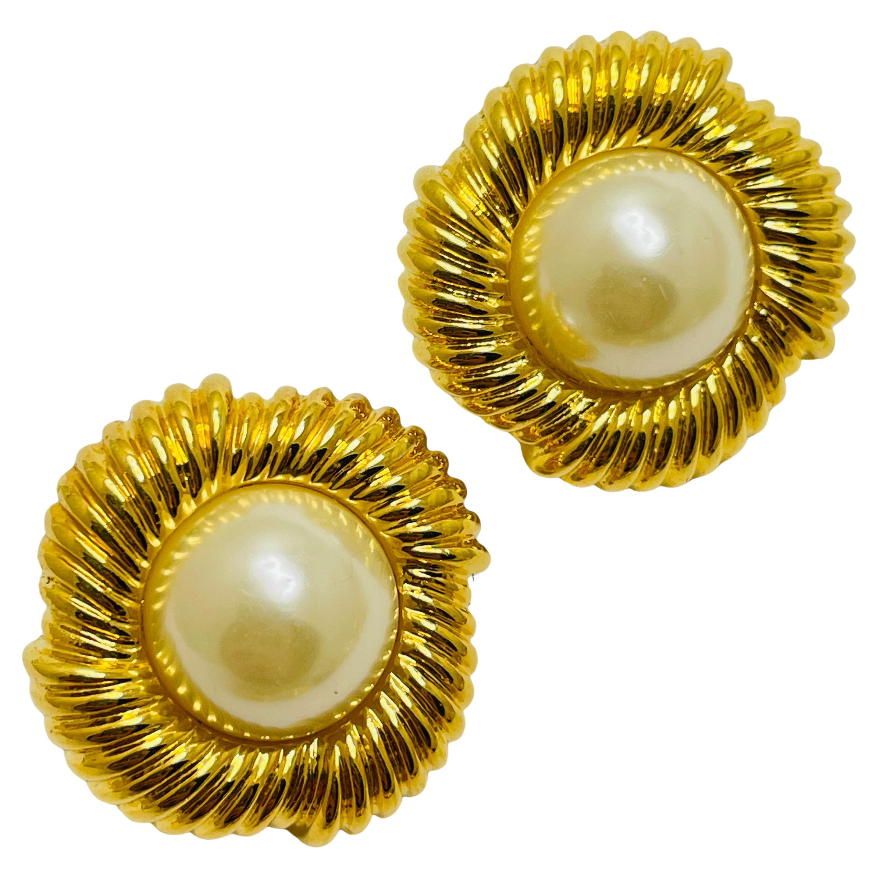 Vintage gold pearl designer clip on earrings
