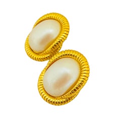 Vintage gold pearl designer pierced earrings