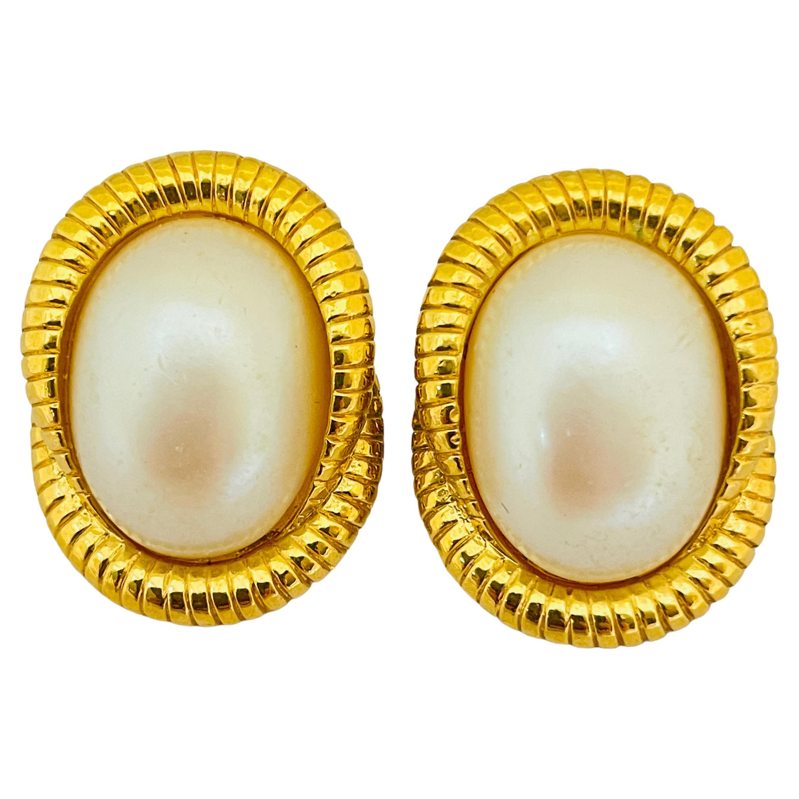Vintage gold pearl designer pierced earrings For Sale
