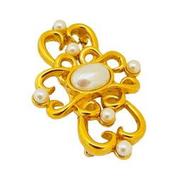 Vintage gold pearl designer runway brooch