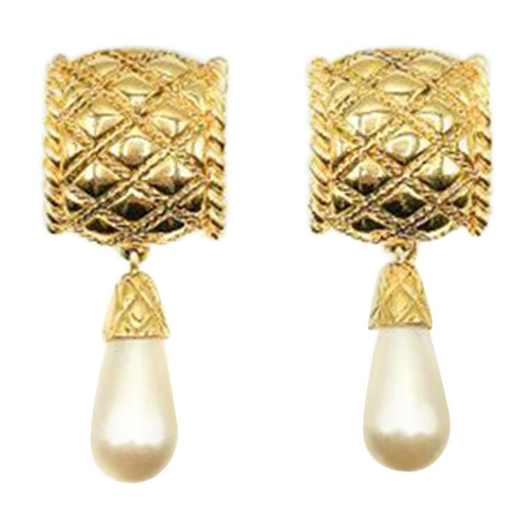 Vintage Gold & Pearl Drop Matelasse Earrings 1980s For Sale