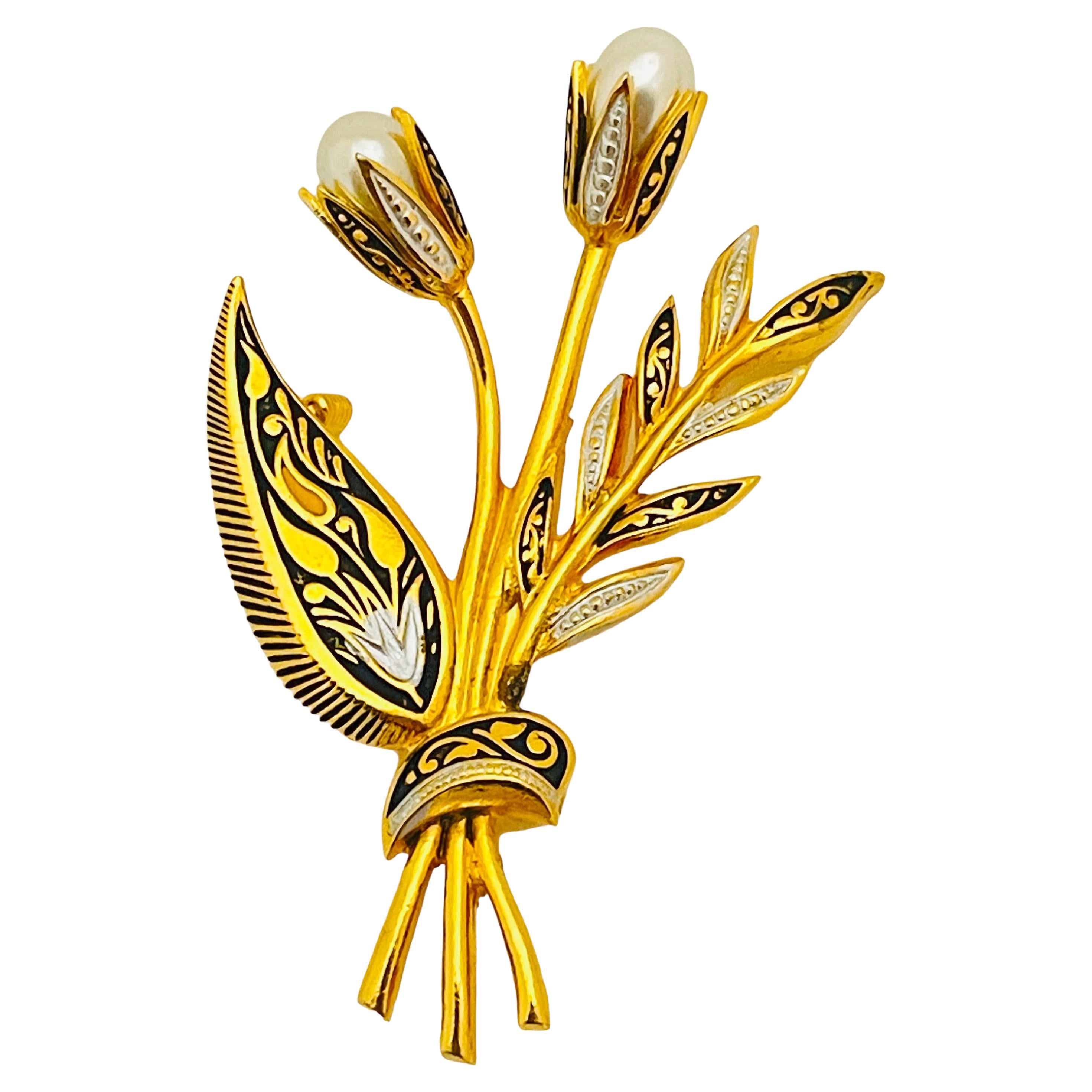 Vintage gold pearl enamel flower designer brooch  For Sale