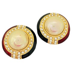 Vintage gold pearl enamel rhinestone designer runway clip on earrings