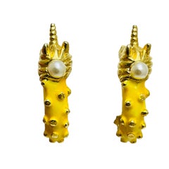 Vintage gold pearl enamel unicorn designer clip on earrings