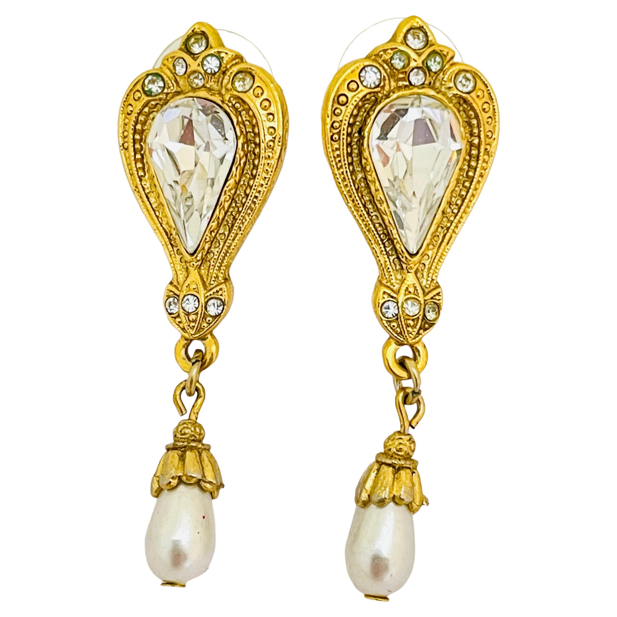 Vintage gold pearl glass designer runway pierced earrings For Sale