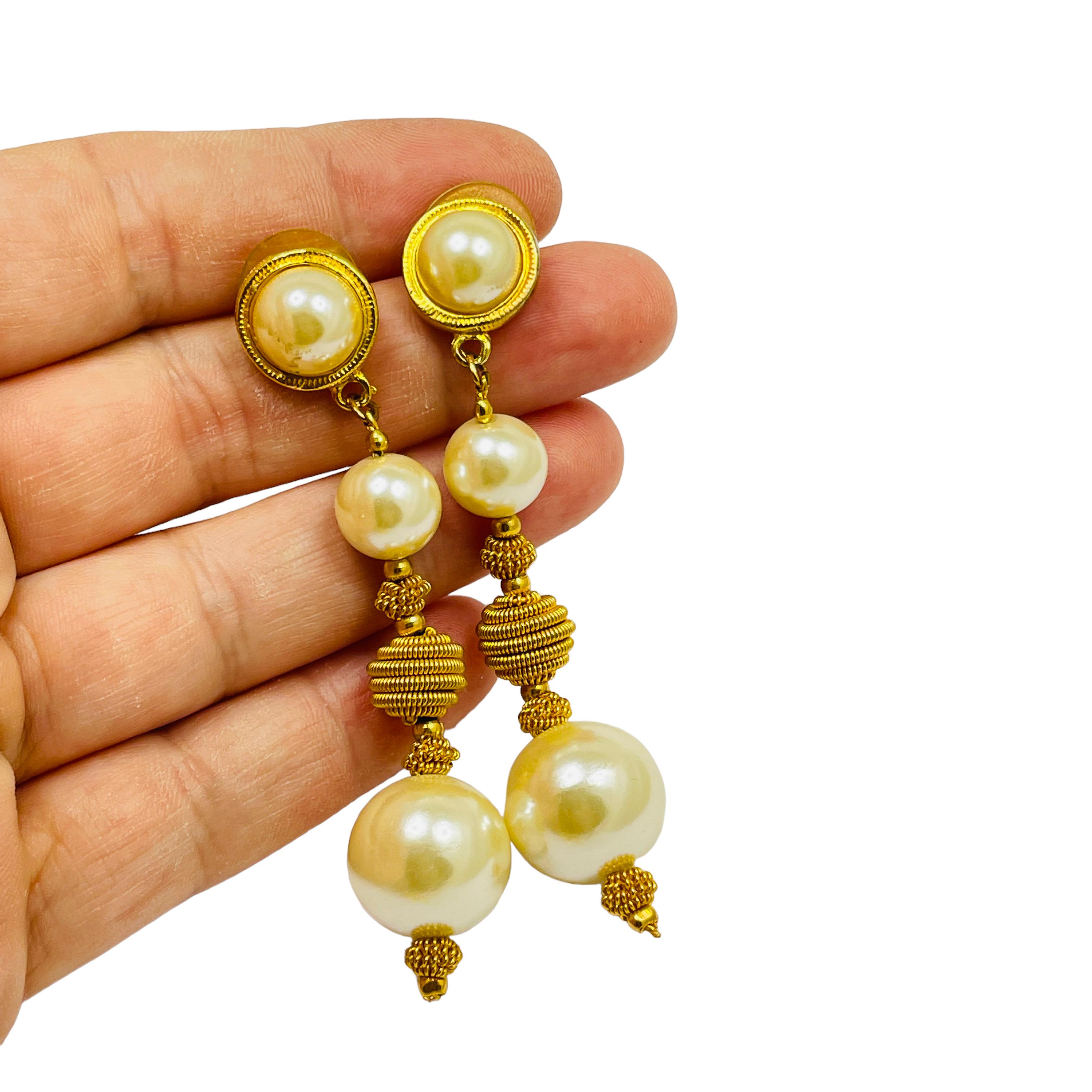 Women's or Men's Vintage gold pearl glass drop designer pierced earrings For Sale