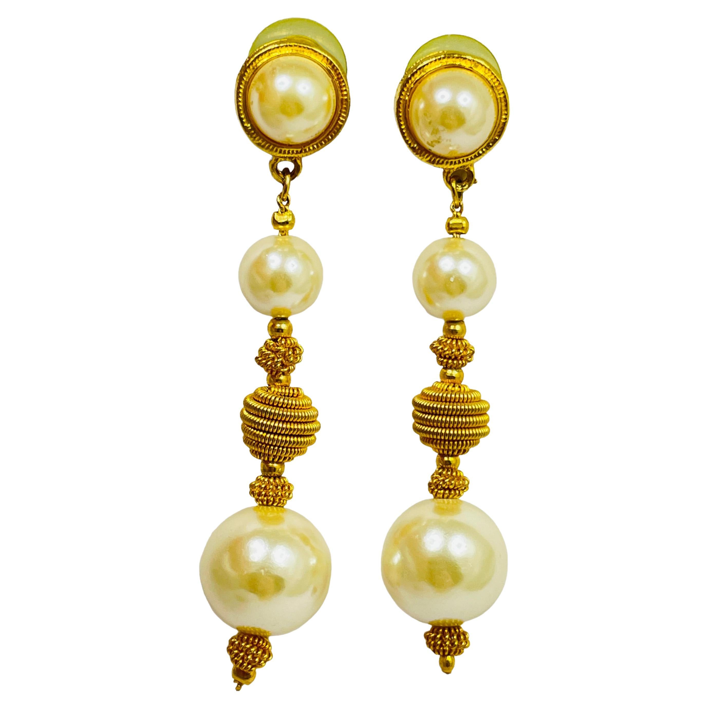 Vintage gold pearl glass drop designer pierced earrings For Sale