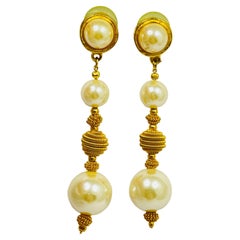 Vintage gold pearl glass drop designer pierced earrings