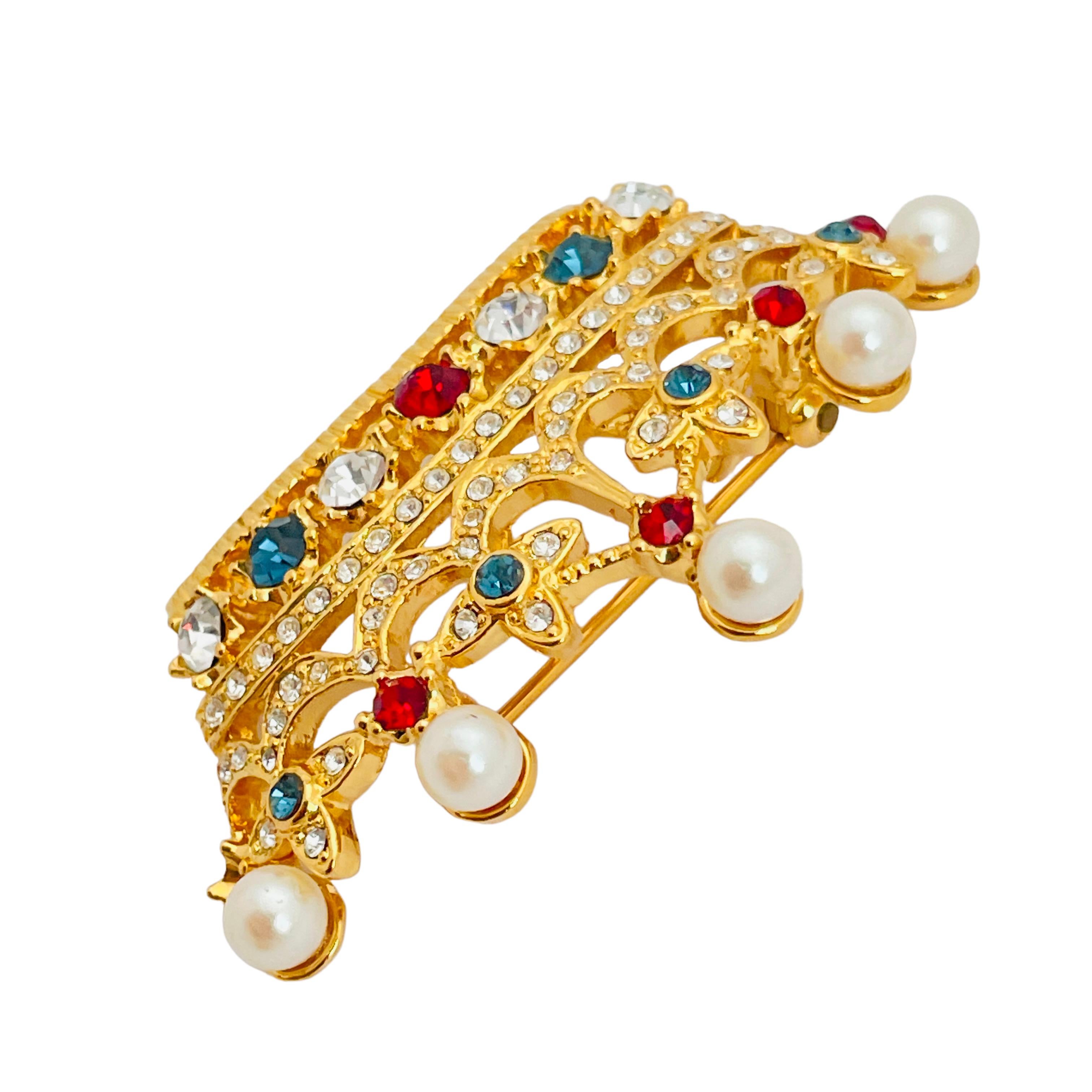 Square Cut Vintage gold pearl jewel crown designer runway brooch For Sale