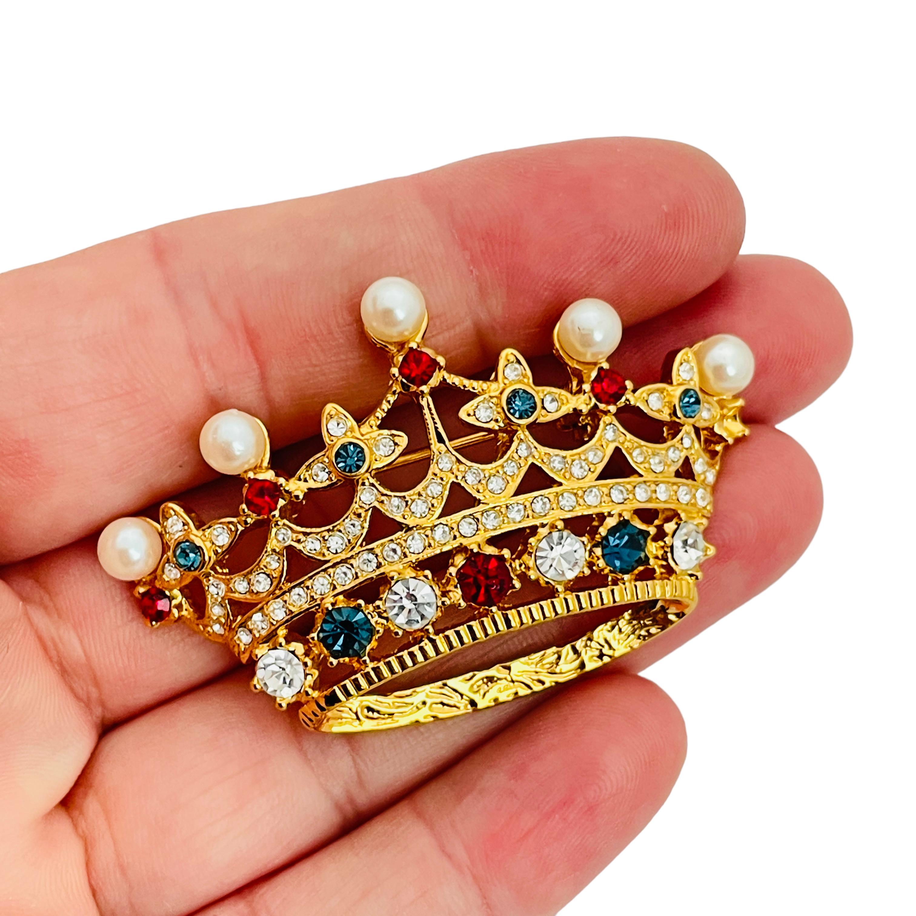 Women's or Men's Vintage gold pearl jewel crown designer runway brooch For Sale