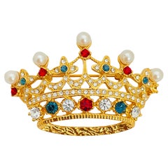 Vintage gold pearl jewel crown designer runway brooch