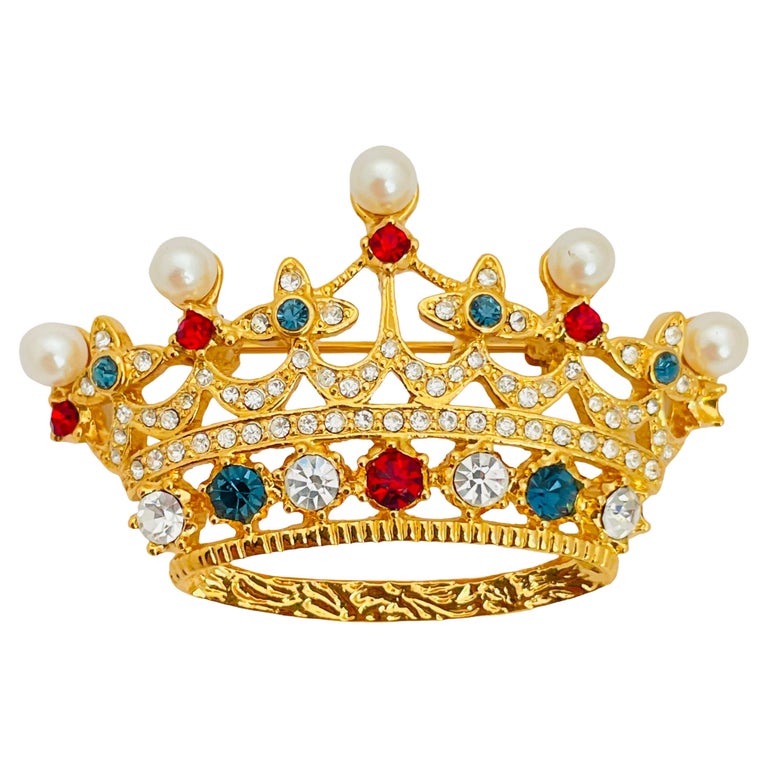Vintage gold pearl jewel crown designer runway brooch For Sale at 1stDibs