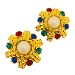 Vintage gold pearl jewel rhinestone designer runway clip on earrings