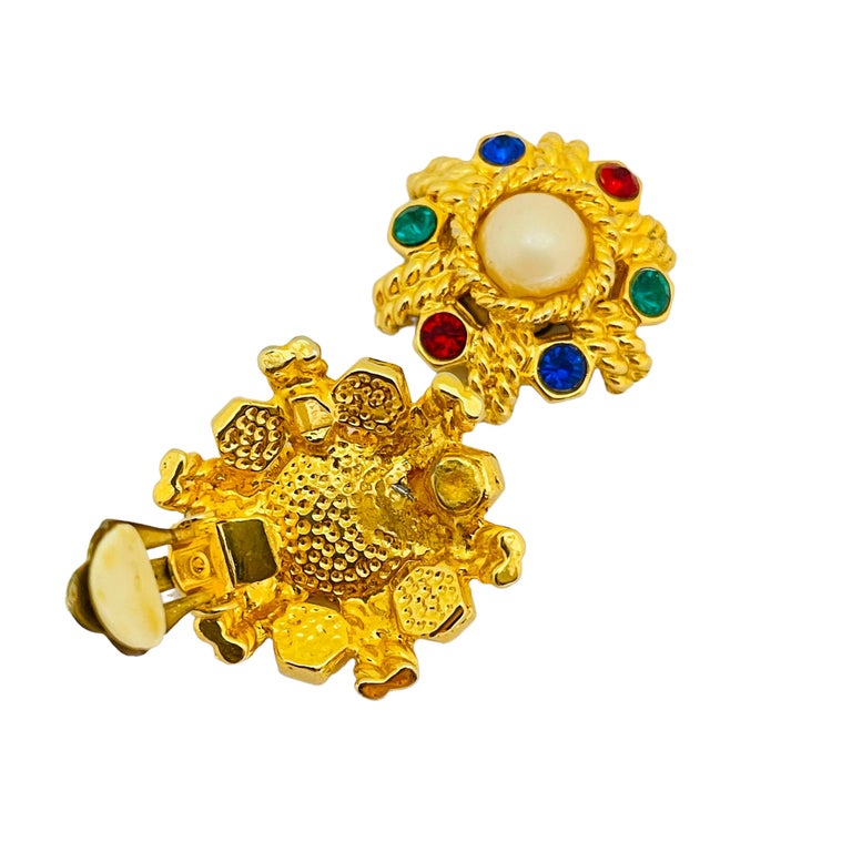 Boucles D'oreilles Clips Vintage - Fleur Avec Perles Et Cristaux - Couleur Or Et Jaune Pâle - Occasion