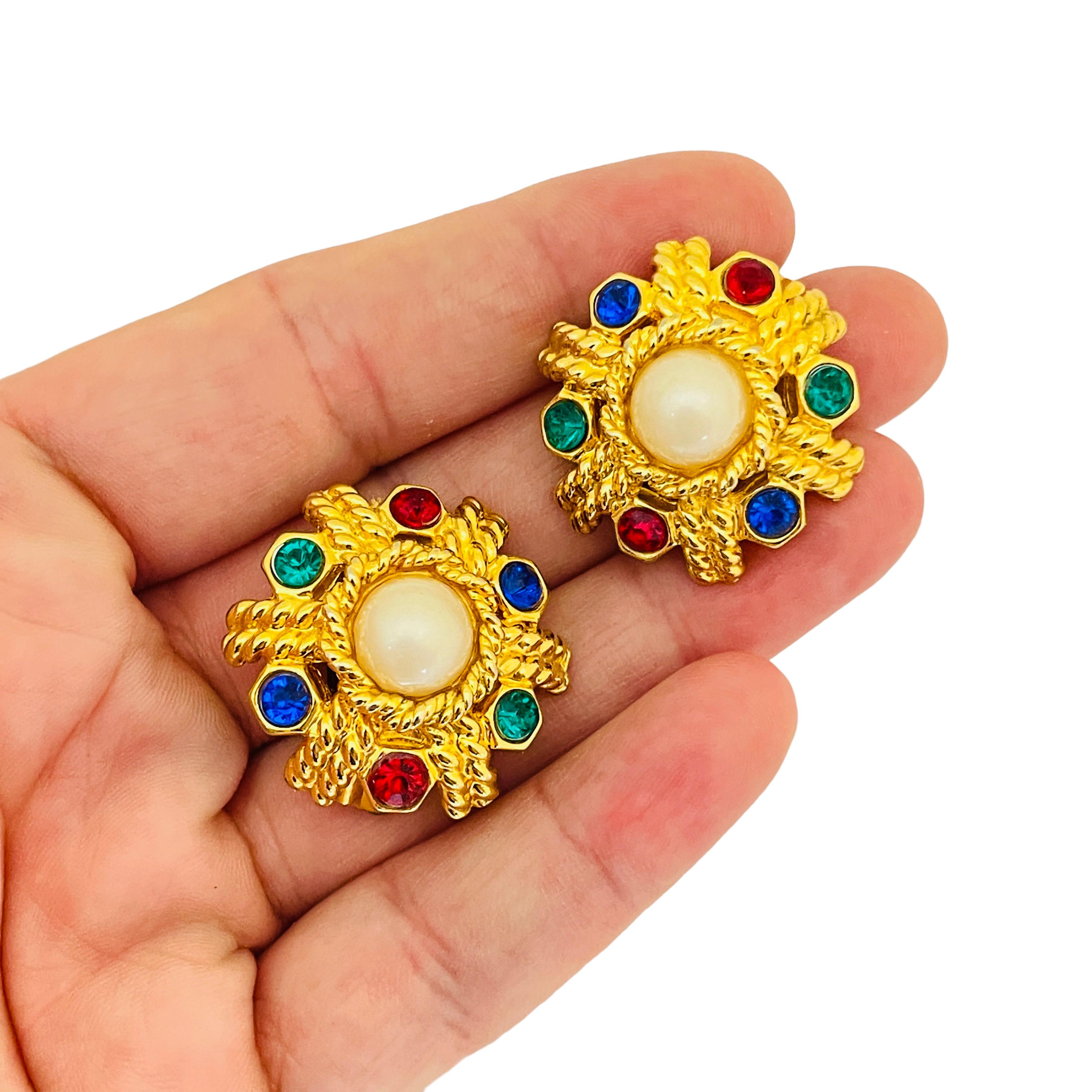 Women's or Men's Vintage gold pearl jewel rhinestone designer runway clip on earrings For Sale