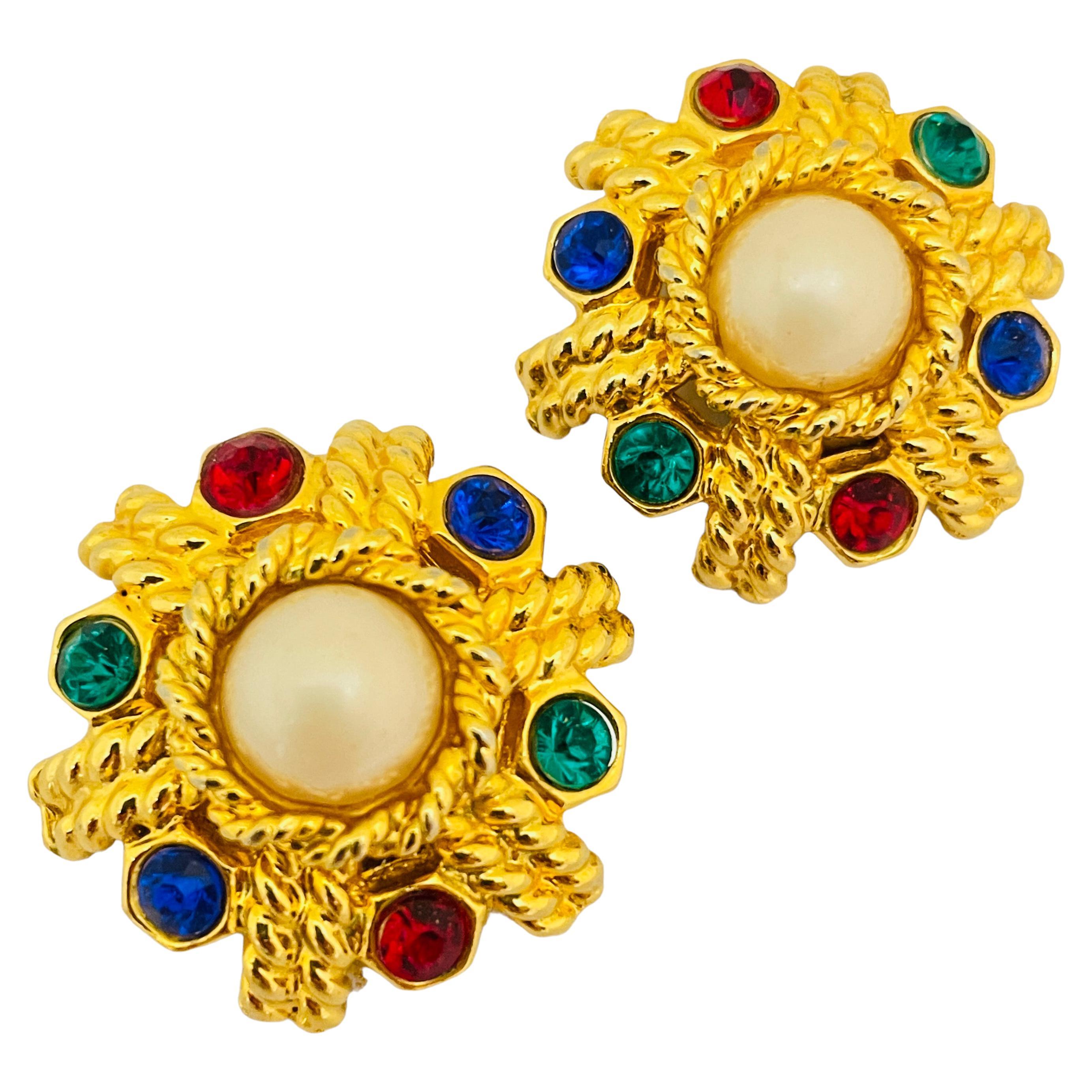 Vintage gold pearl jewel rhinestone designer runway clip on earrings For Sale