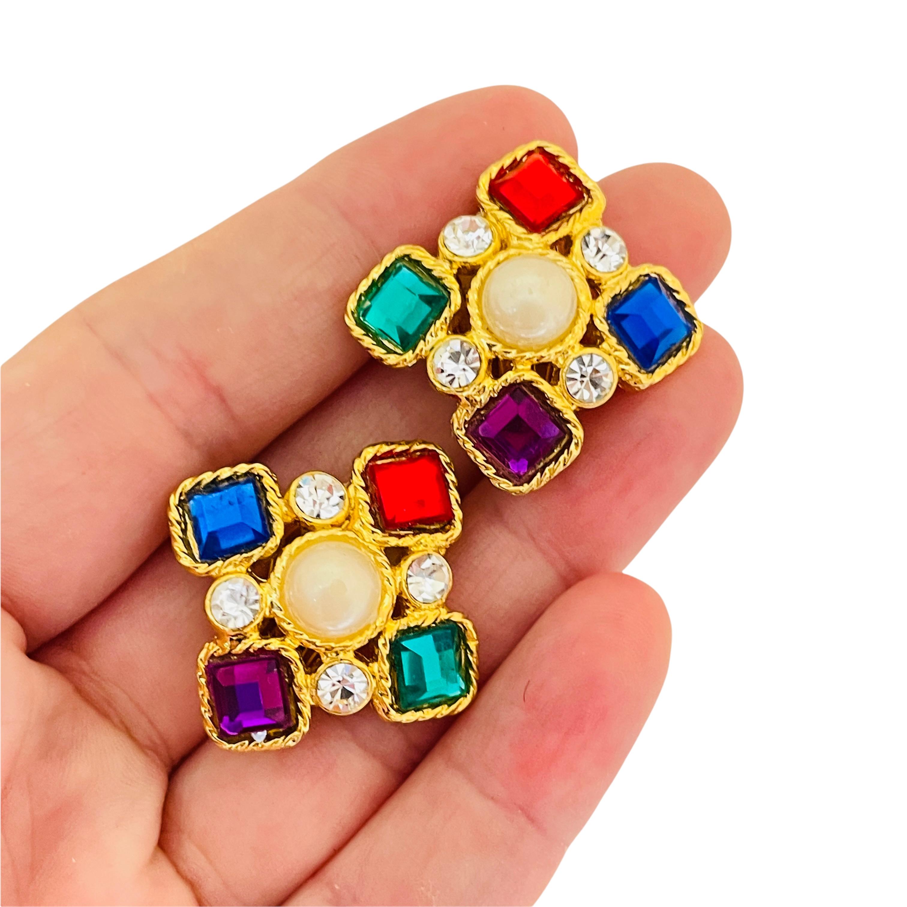 Vintage gold pearl jewel rhinestones designer runway clip on earrings For Sale 1
