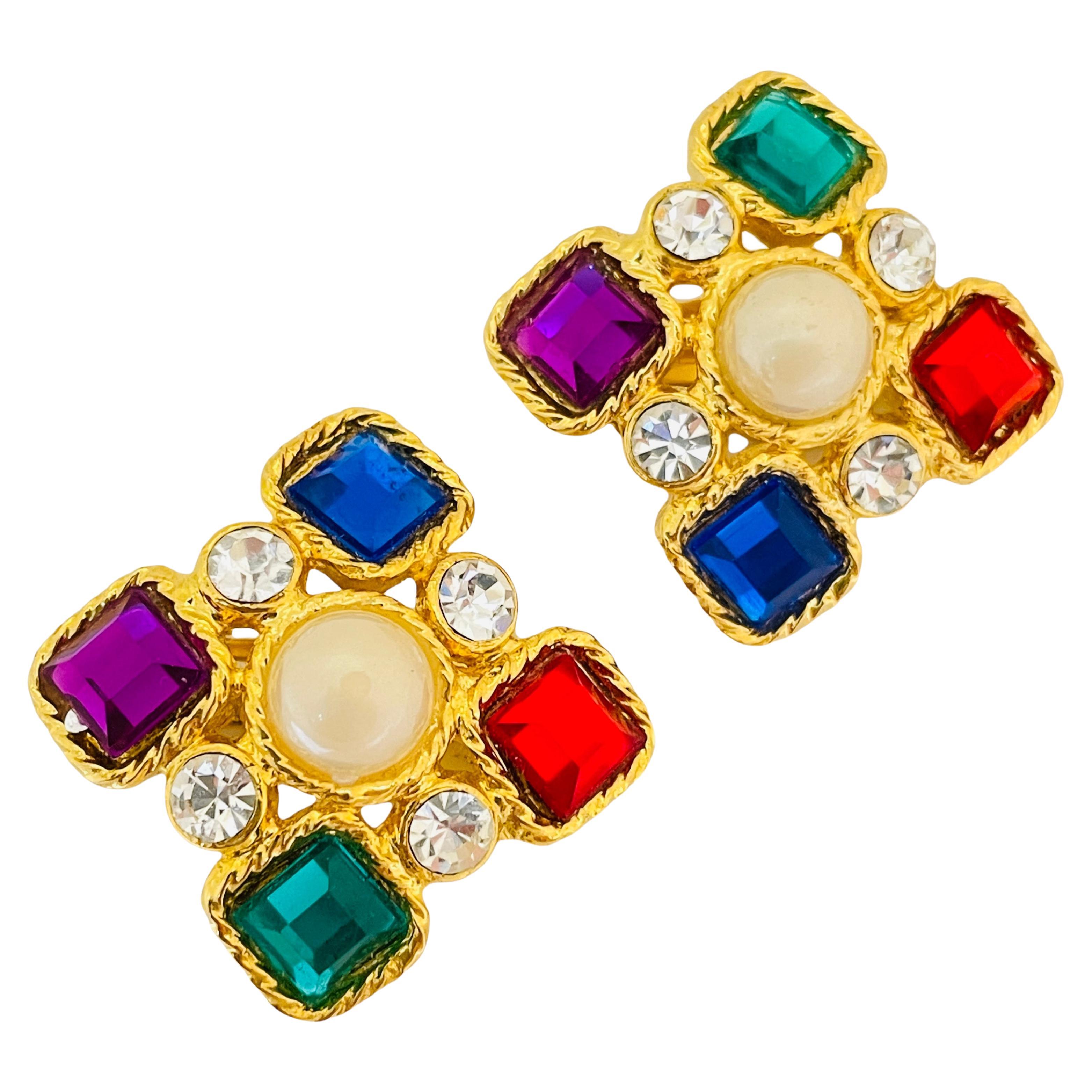Vintage gold pearl jewel rhinestones designer runway clip on earrings For Sale