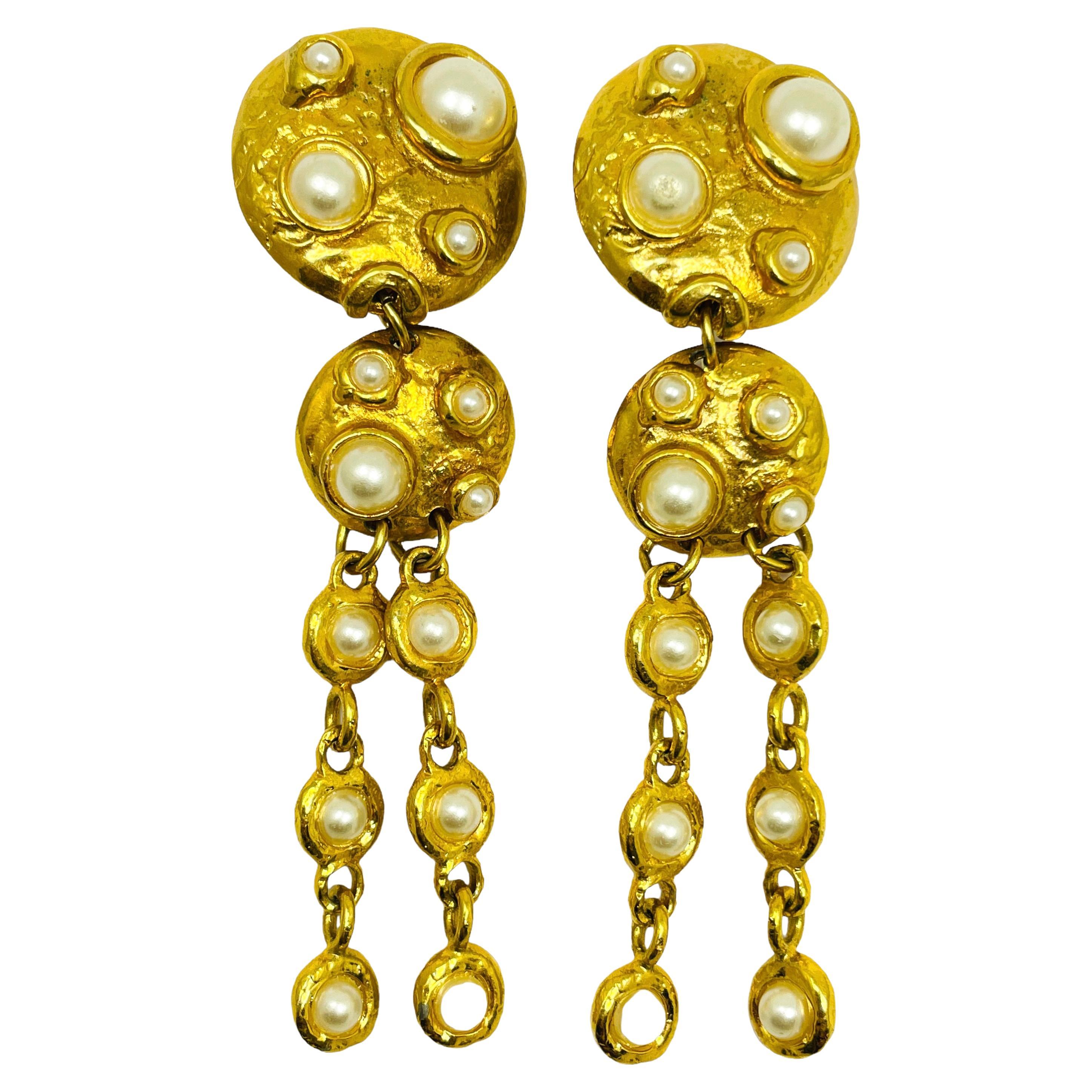 Vintage gold pearl massive dangle designer runway clip on earrings For Sale