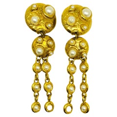 Vintage gold pearl massive dangle designer runway clip on earrings