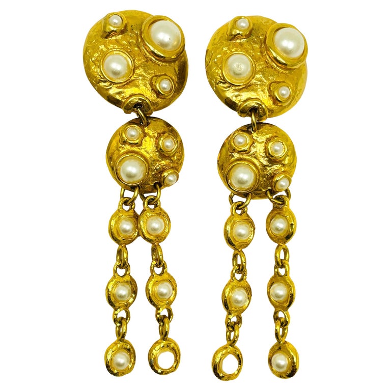 Vintage gold pearl massive dangle designer runway clip on earrings For ...