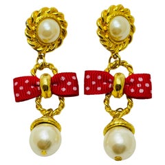 Vintage gold pearl red bow designer runway dangle earrings