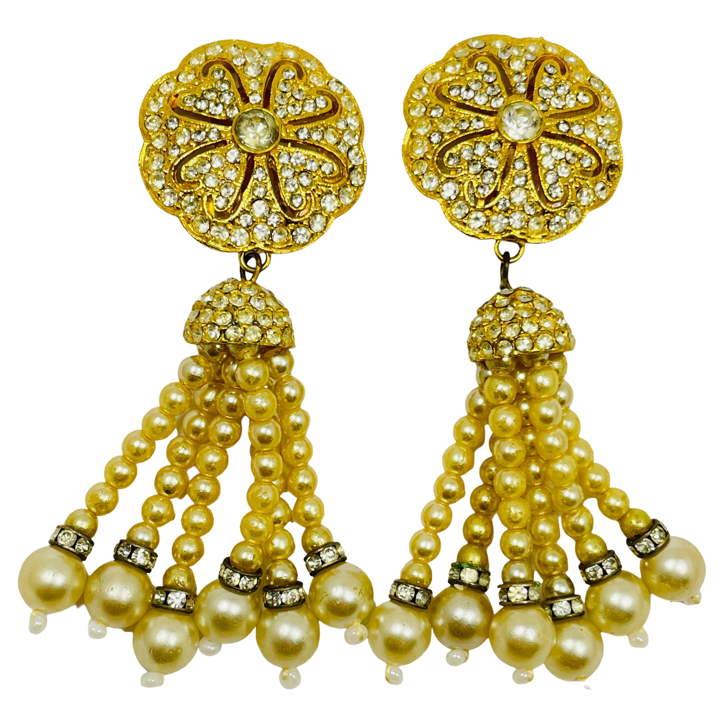 Vintage gold pearl rhinestone dangle designer runway clip on earrings For Sale