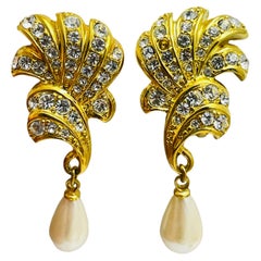 Vintage Gold Perle Strass baumeln Designer Landebahn Clip auf Ohrringe