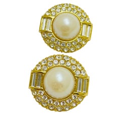 Vintage gold pearl rhinestone designer clip on earrings