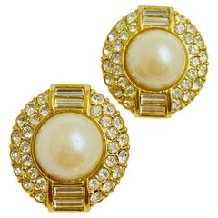 Vintage gold pearl rhinestone designer clip on earrings
