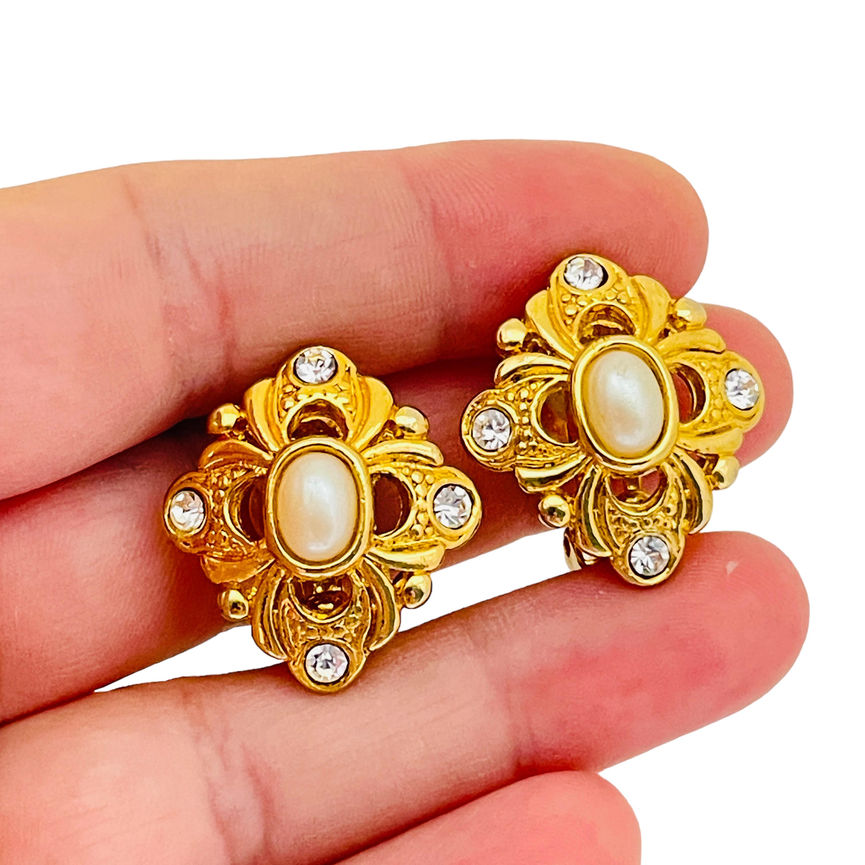 Women's or Men's Vintage gold pearl rhinestone designer runway clip on earrings  For Sale