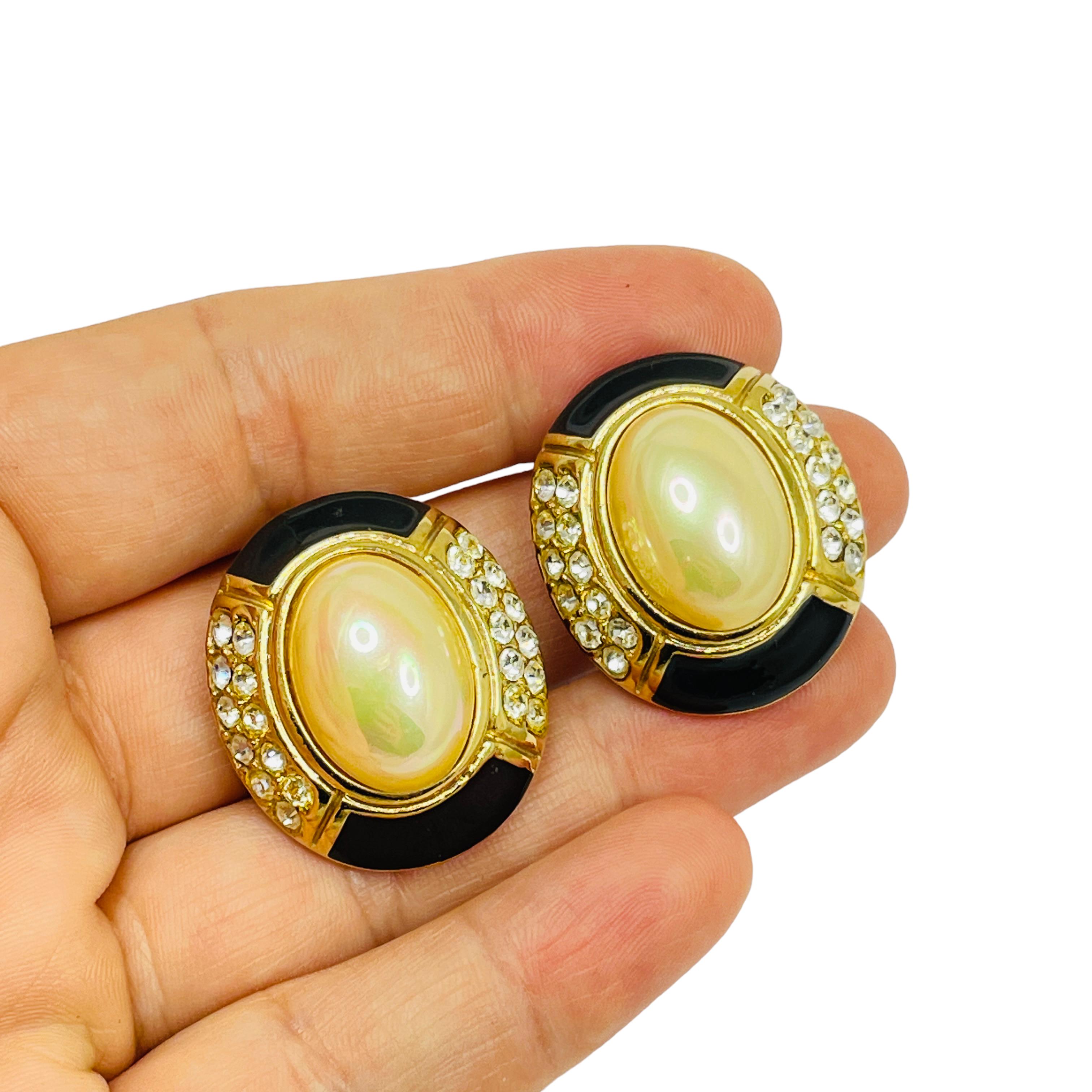 Women's or Men's Vintage gold pearl rhinestone enamel designer runway clip on earrings For Sale