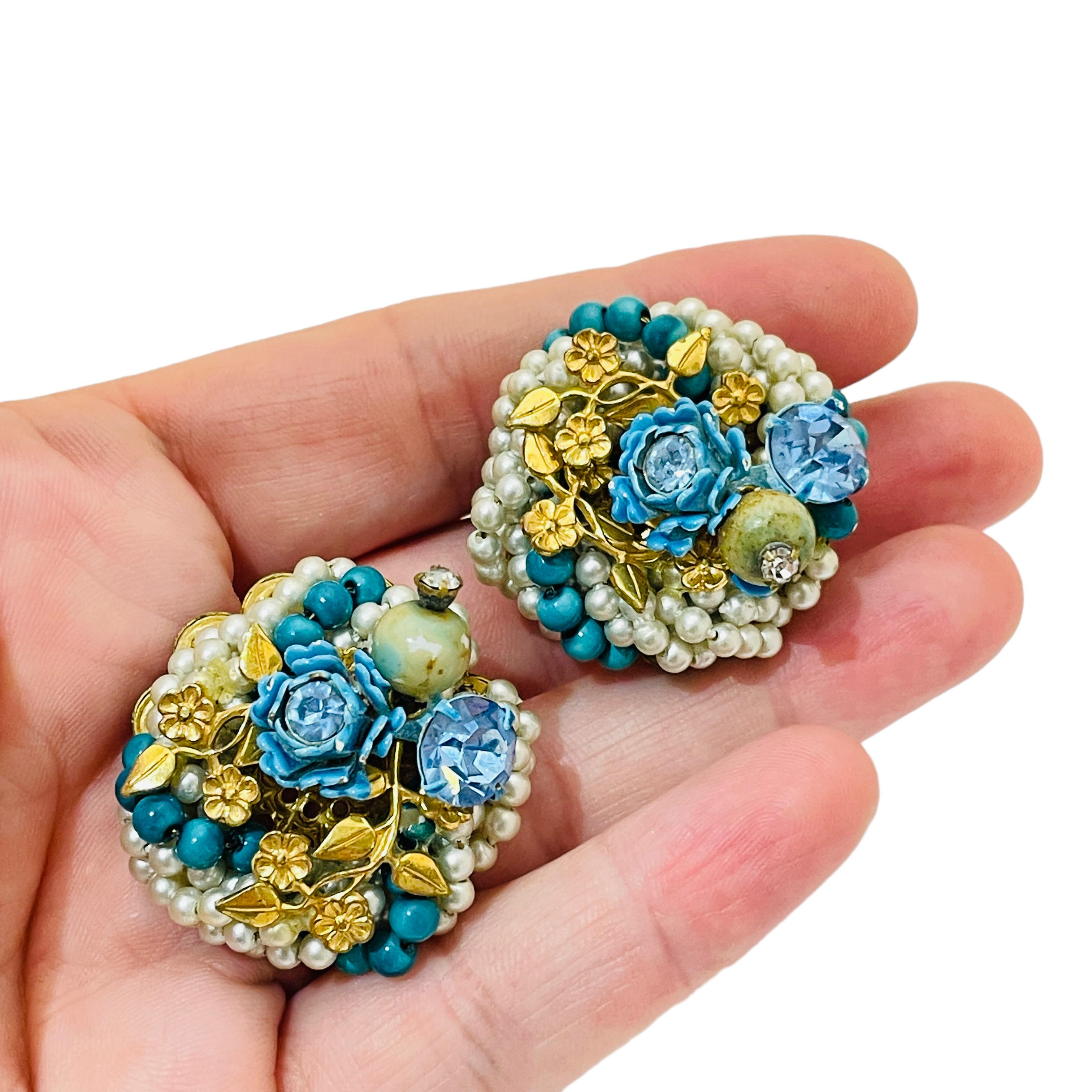 Women's or Men's Vintage gold pearl rhinestone flower beaded designer clip on earrings For Sale