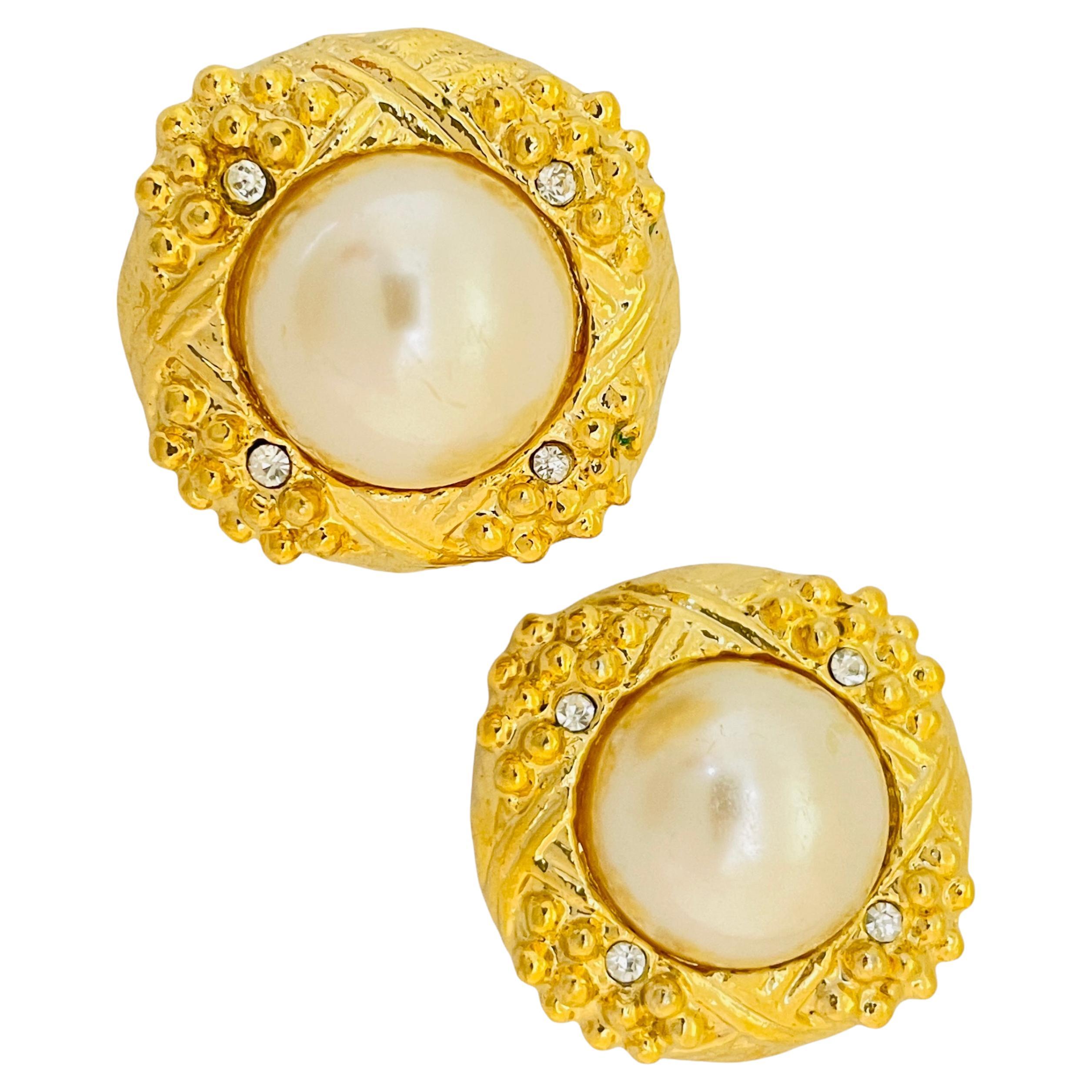 Vintage gold pearl rhinestone massive designer runway clip on earrings For Sale