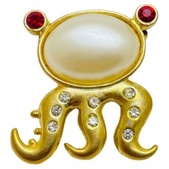 Broche de diseño pulpo pequeño perla dorada vintage con strass