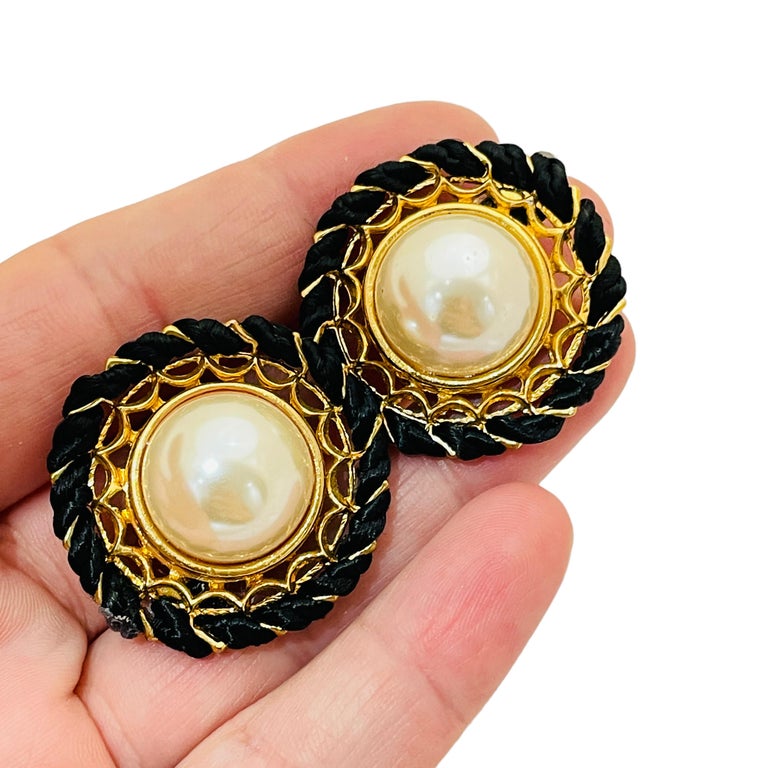 Vintage gold pearl rope designer runway clip on earrings For Sale at