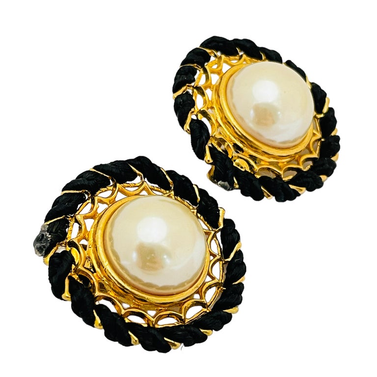 Vintage gold pearl rope designer runway clip on earrings For Sale at